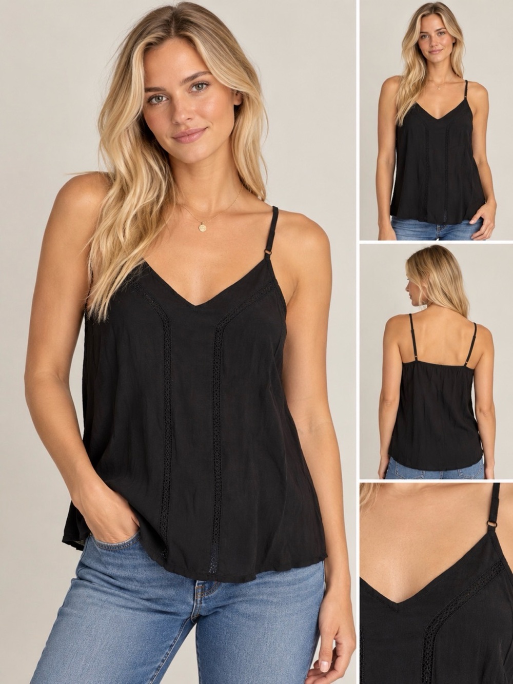Treasure & Bond Black V-Neck Lace-Panel Camisole